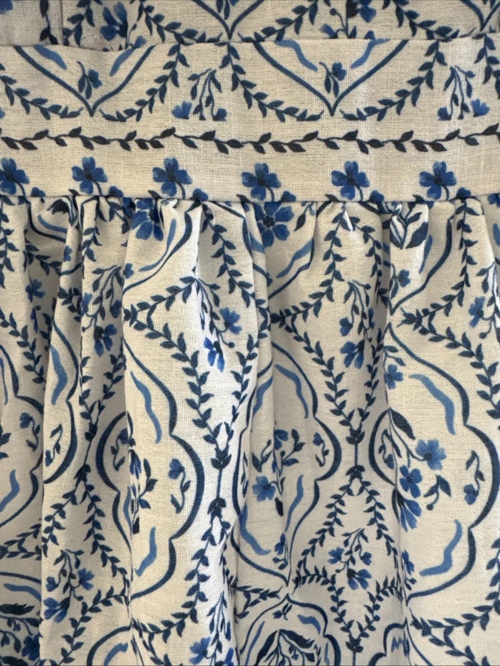 Angie White Midi Dress with Blue Floral Pattern and Ruffle Trim - Picture 2 of 5